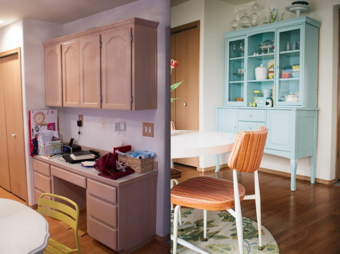 Een kleurrijk dressoir in plaats van een keukenset