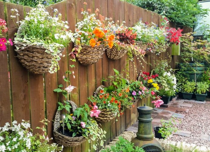Bloempotten op een schutting