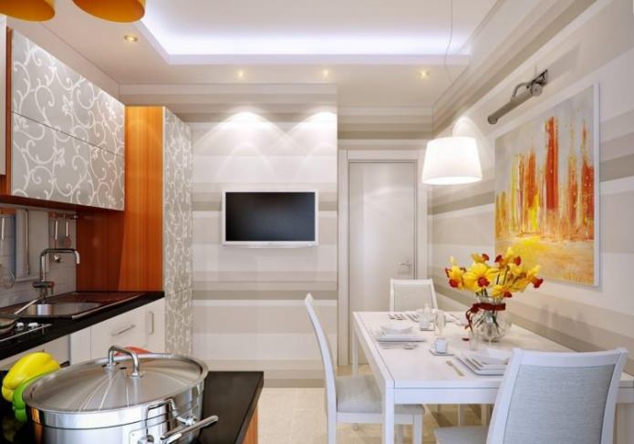 beige behang voor een kleine keuken