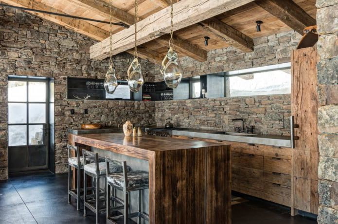chalet stijl keuken steen afwerking