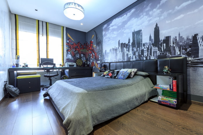 ontwerp van een grote slaapkamer voor een tienerjongen
