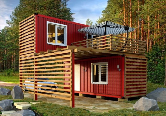 bijkeuken met twee verdiepingen gemaakt van containers