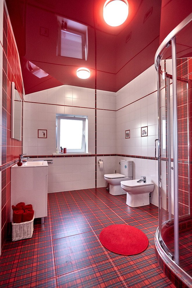 rood glanzend spanplafond in het toilet