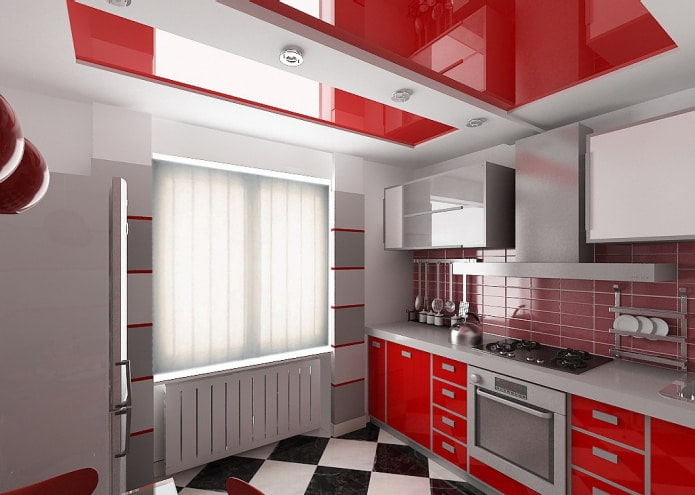 grijze muren en een rood-wit plafond
