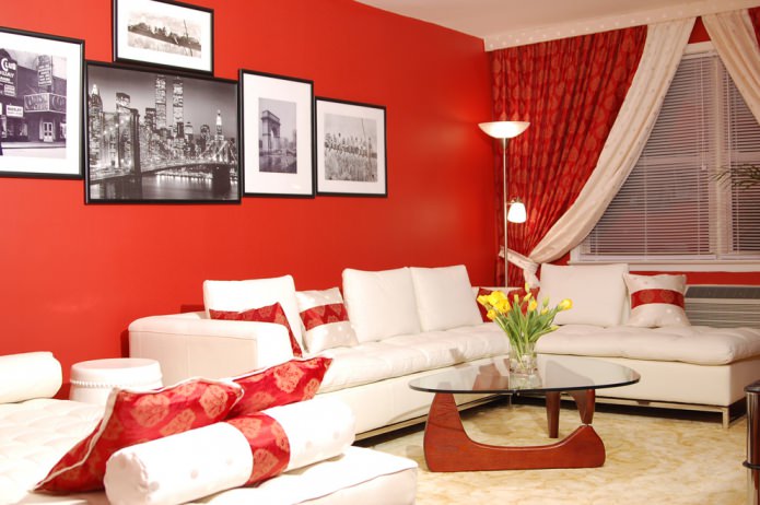 moderne rood-witte woonkamer