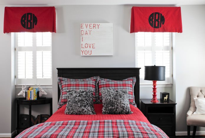 Zwart-grijs-rood slaapkamerinterieur