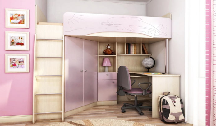 beige en lila bed in een kinderkamer