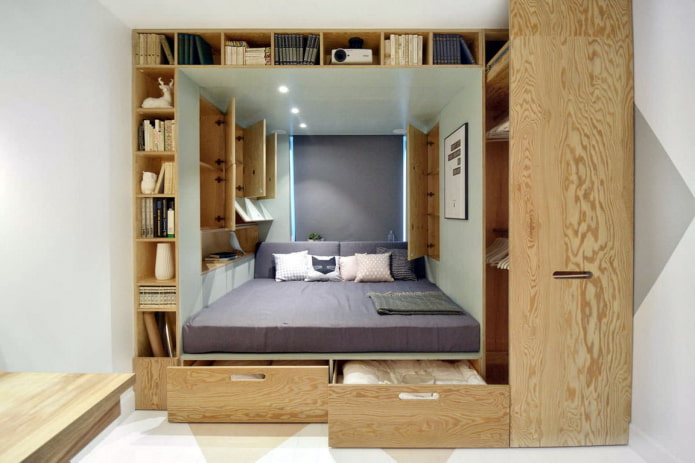 een podiumbed in het interieur plaatsen