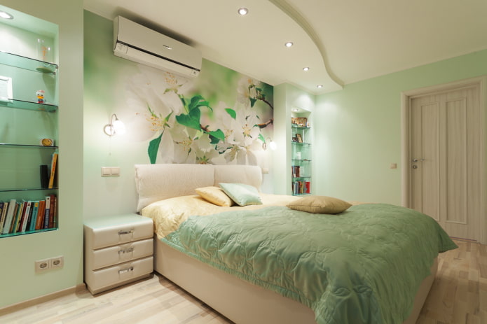 fotobehang in een nis met een bed in het interieur