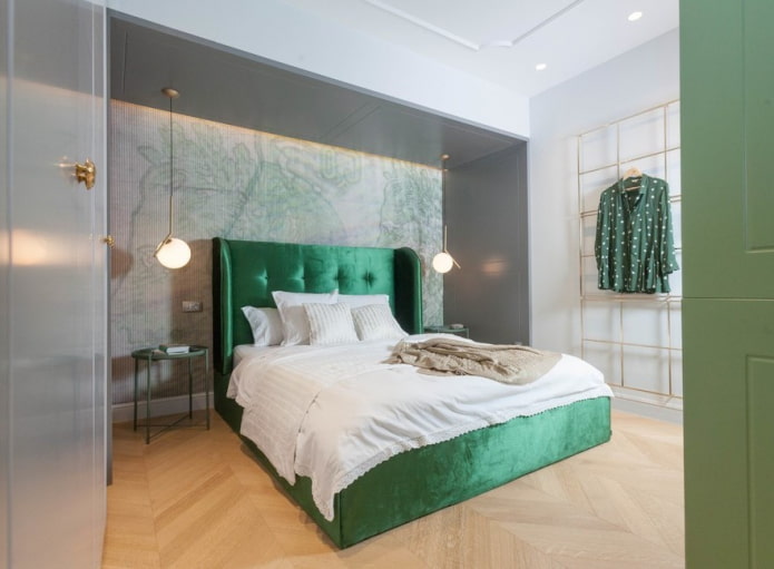 groen bed in het interieur van de slaapkamer