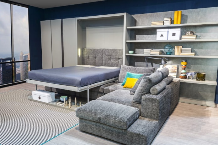 kledingkastbed met bank in het interieur