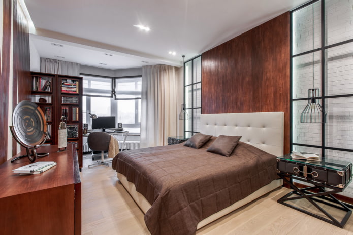 bed met leren hoofdbord in het interieur