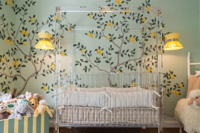 ongebruikelijk ontwerp van een babybedje in het interieur