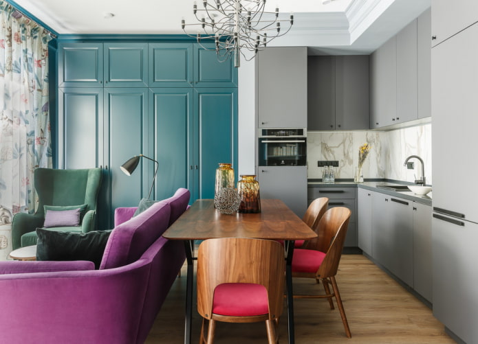 ontwerp van een vierkante keuken-woonkamer