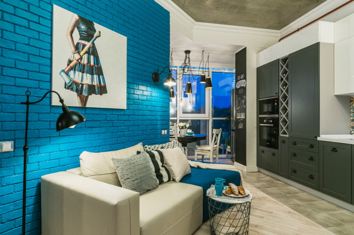 keuken-woonkamer interieur met balkon