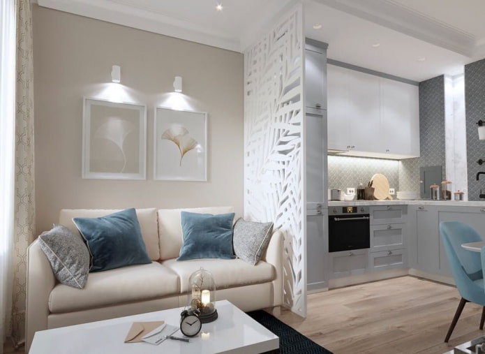 zonering van een keuken-woonkamer van 12 vierkante meter