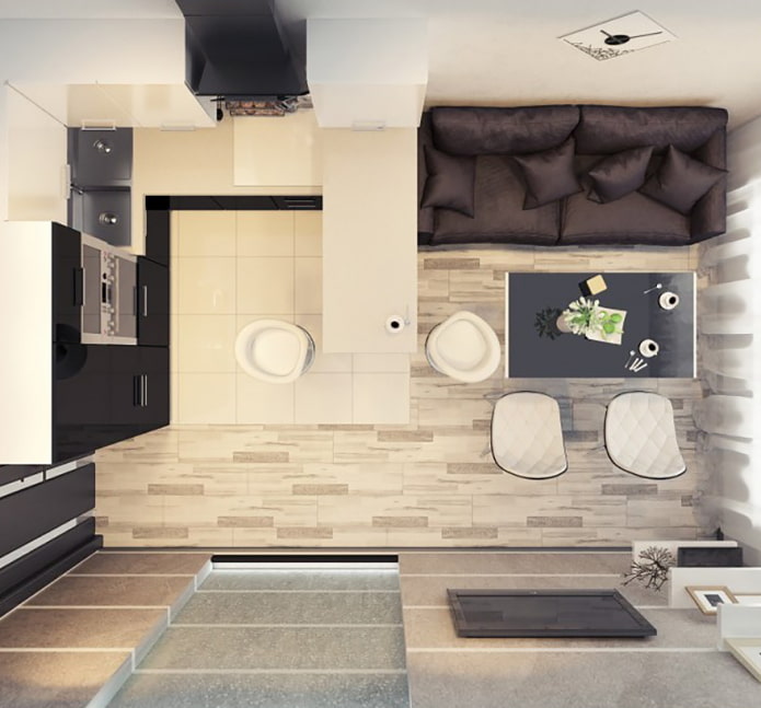 Indeling van de keuken-woonkamer met bar