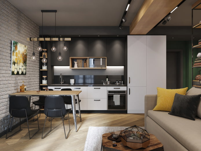 interieur van een keuken-woonkamer van 15 vierkante meter in loftstijl