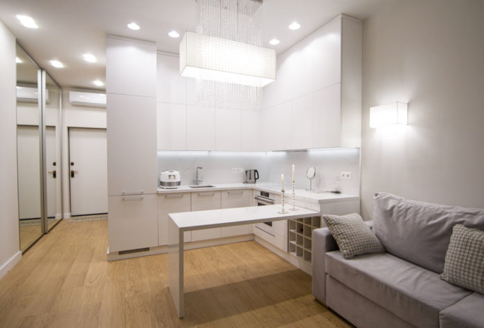 interieur van de keuken-woonkamer van 15 vierkante meter in de stijl van hightech