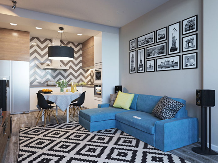 interieur van een woonkeuken van 15 vierkante meter in Scandinavische stijl