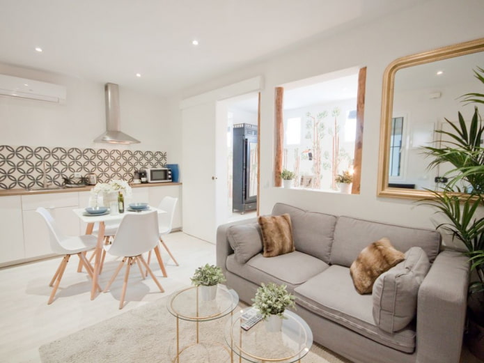 interieurontwerp van een keuken-woonkamer van 16 vierkante meter