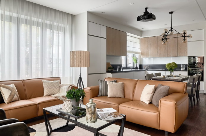 meubelopstelling in het interieur van de keuken-woonkamer