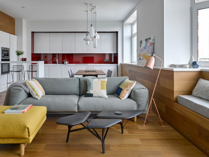 meubelopstelling in het interieur van de keuken-woonkamer