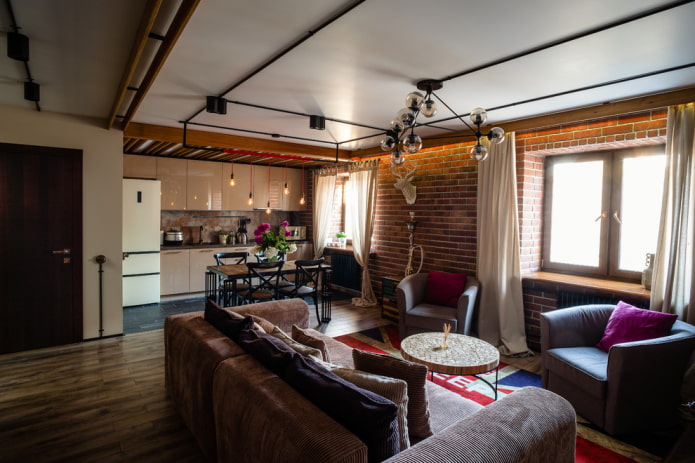 interieur van de keuken-woonkamer in loftstijl