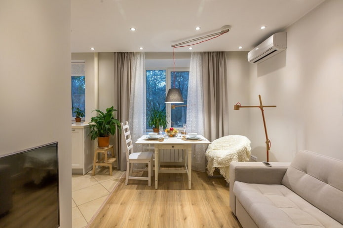 meubelopstelling in de interieur van de keuken-woonkamer