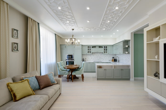 keuken-woonkamerinterieur in lichte tinten