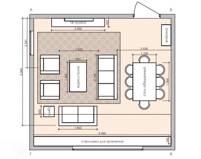 vierkante keuken-woonkamer plattegrond