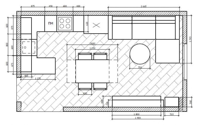 rechthoekige keuken-woonkamer plattegrond