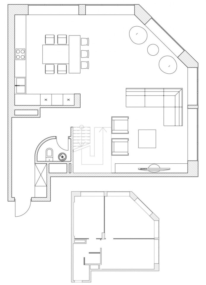 keuken-woonkamerplattegrond met een niet-standaard indeling