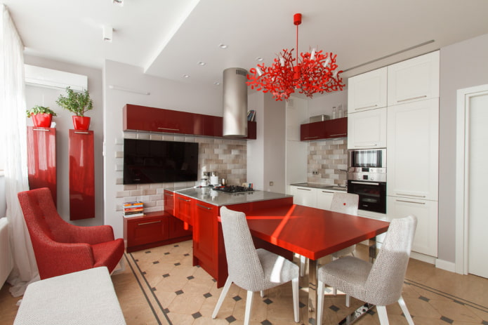 eiland met eettafel in het keukeninterieur
