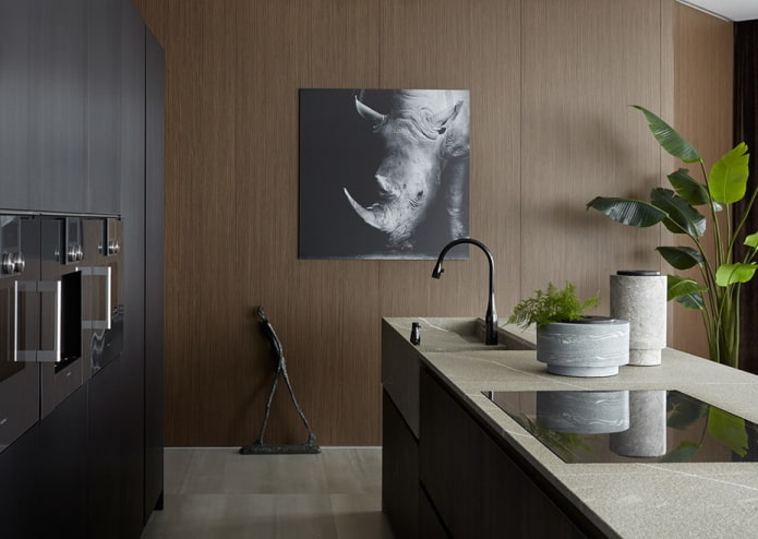 eiland met spoelbak in het keukeninterieur