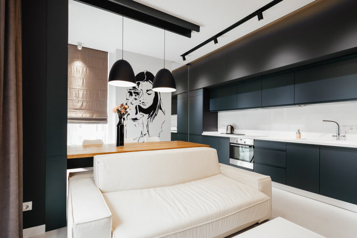 interieur met een keukenhoek aan de zijmuur