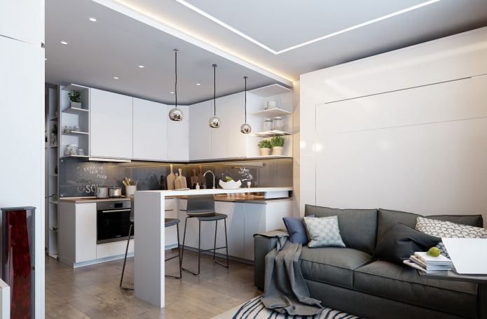 interieur van een keukenstudio met een plafond met twee niveaus