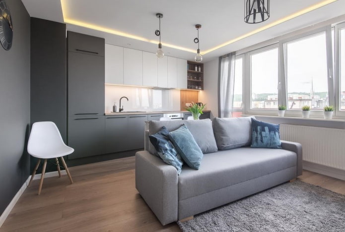 keuken-studio-interieur met een scheidingswand in de vorm van een bank