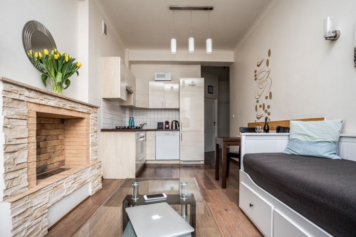 ontwerp van een beige keukenstudio
