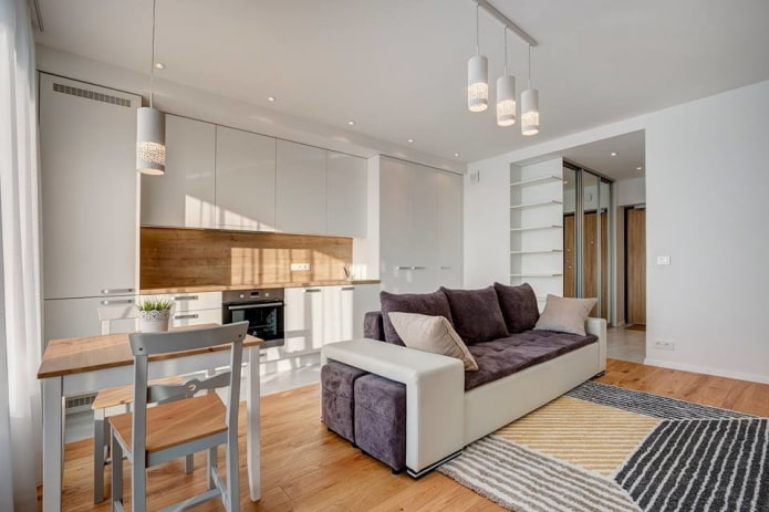 keuken-studio-interieur met een scheidingswand in de vorm van bank