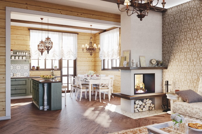 interieur van een studiokeuken met een open haard in de vorm van een scheidingswand