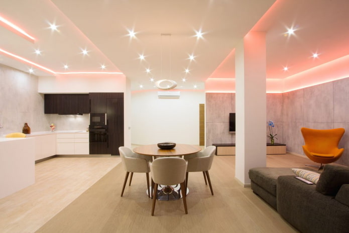 keukenstudio-interieur met zonering in de vorm van verlichting