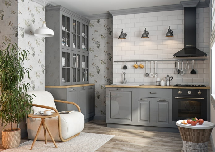 Proven?aalse stijl in het interieur van een grijze keuken