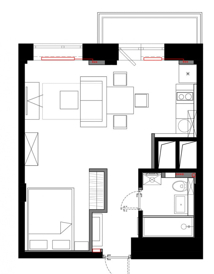 Indeling van een studio-appartement van 33 m?.