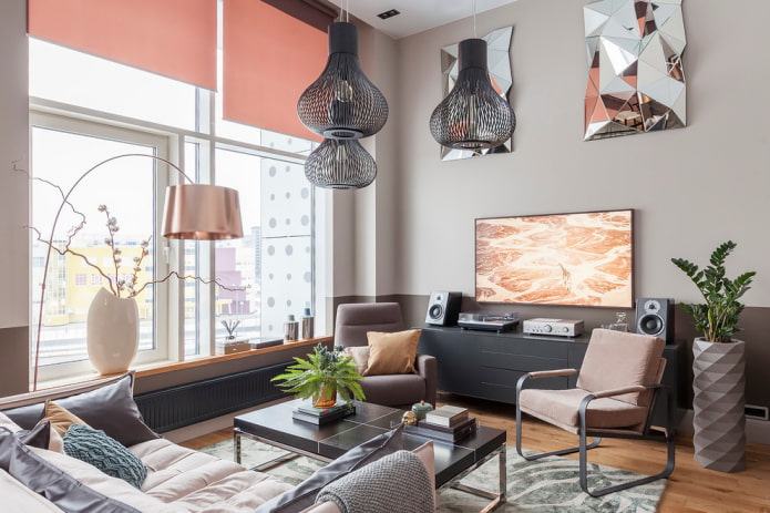 woonkamerontwerp in het interieur van een appartement van 70 vierkante meter