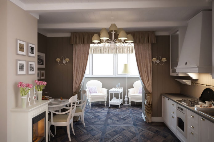 bruine lambrequins in het interieur van de keuken