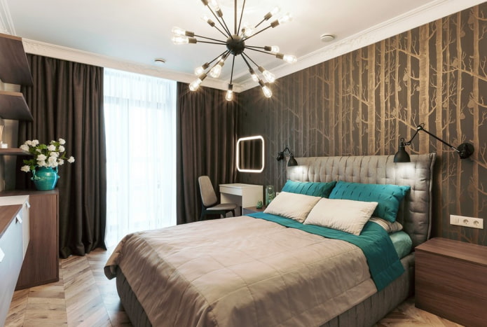kroonluchter aan het plafond in de slaapkamer in een moderne stijl