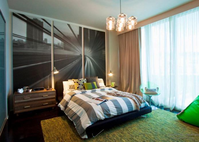 Moderne modulaire schilderijen in het slaapkamerinterieur