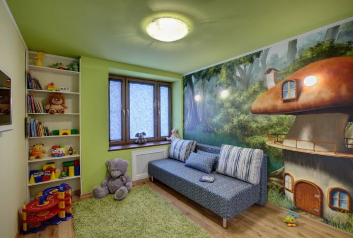 groen spanplafond in de kinderkamer