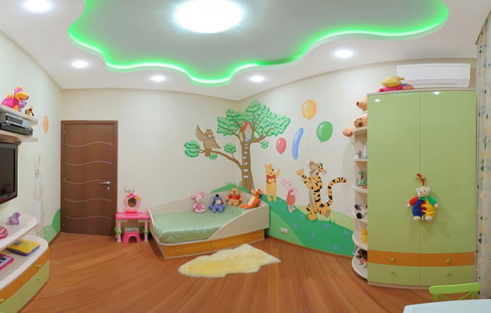 groen enkellaags spanplafond in de kinderkamer
